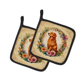 Nova Scotia Duck Tolling Retriever and Flowers Pair of Pot Holders Kitchen Heat Resistant Pot Holders Sets Oven Hot Pads for Cooking Baking BBQ