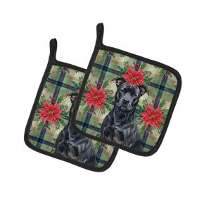Black American Staffordshire Terrier Christmas PoinsettIas Pair of Pot Holders Pair 7.5x7.5 Quilted Insulated Hot Pads Decorative Kitchen Gift Ma