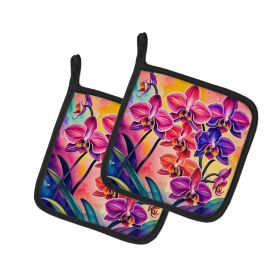 Colorful Orchids Pair of Pot Holders Kitchen Heat Resistant Pot Holders Sets Oven Hot Pads for Cooking Baking BBQ, 7 1/2 x 7 1/2 (Default: Default)
